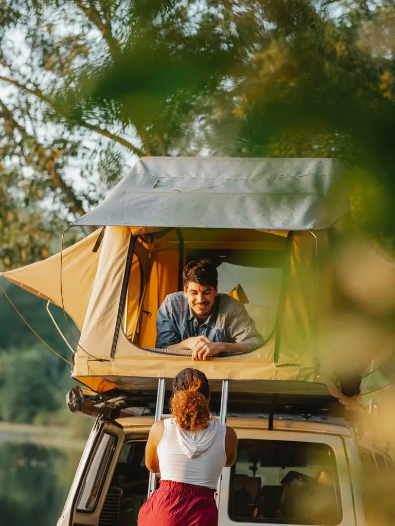 A Kuafo roof top tent withstanding heavy rain on an overland vehicle